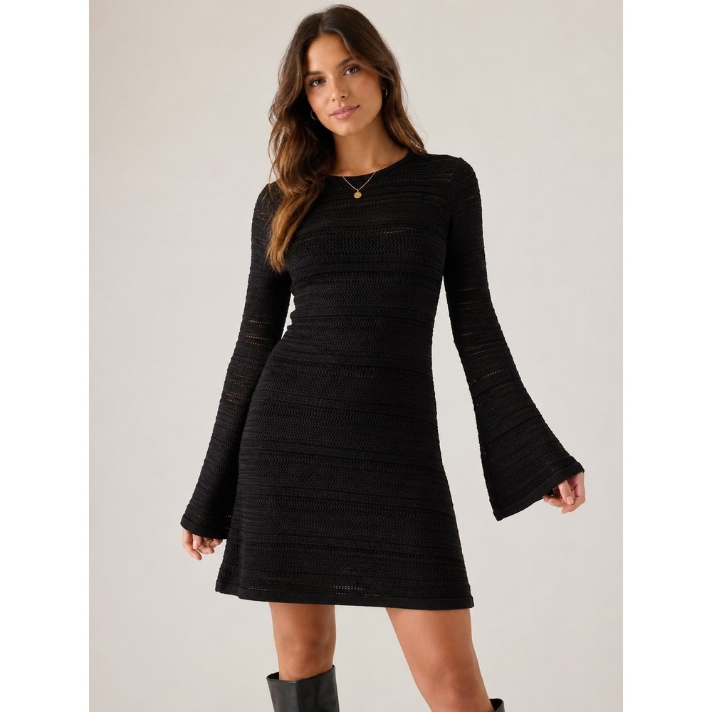 GAP NWT S Crochet Long Flare Sleeve Mini Dress Beach Cover Up Black Knit Oversiz